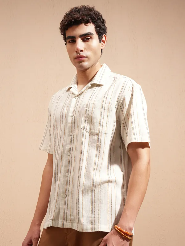 Highlander Men Cream Striped Relaxed Fit Casual Shirt