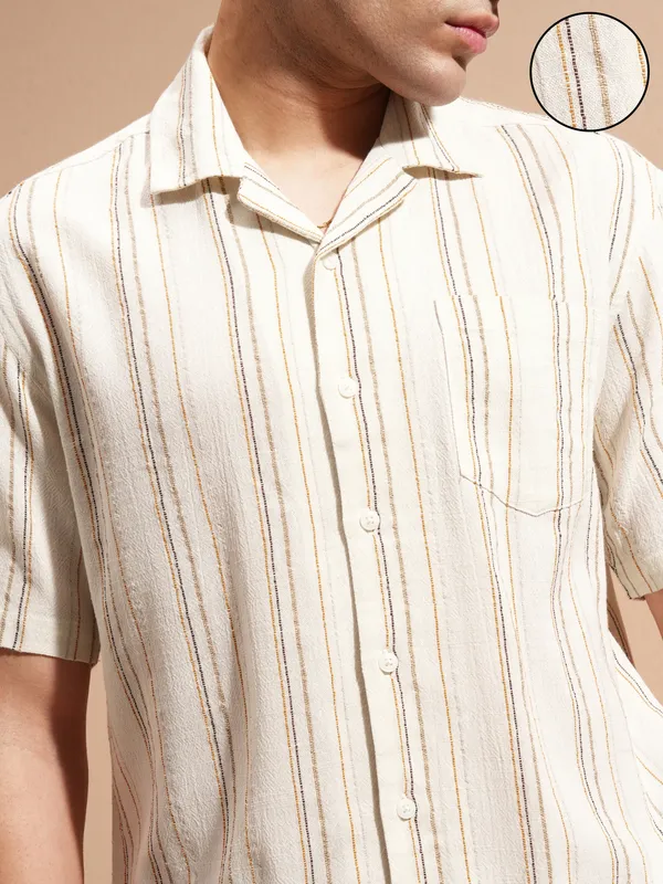 Highlander Men Cream Striped Relaxed Fit Casual Shirt