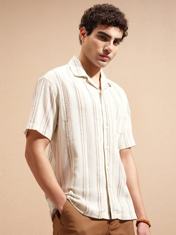 Highlander Men Cream Striped Relaxed Fit Casual Shirt