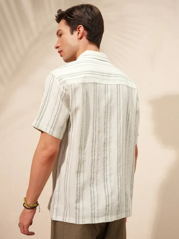 Highlander Men Cream Striped Relaxed Fit Casual Shirt