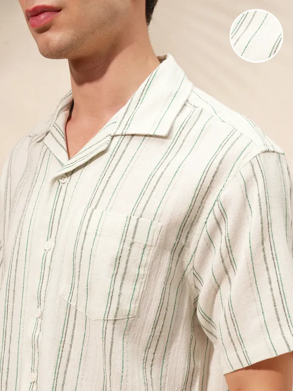 Highlander Men Cream Striped Relaxed Fit Casual Shirt