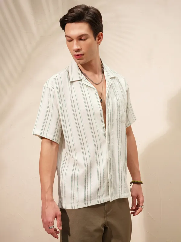 Highlander Men Cream Striped Relaxed Fit Casual Shirt