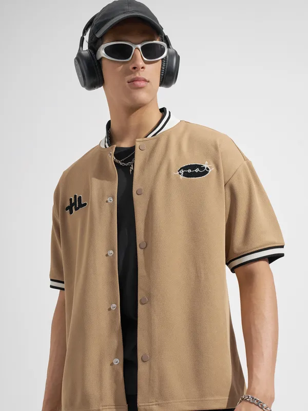 Highlander Men Tan Embroidered Relaxed Fit Casual Shirt