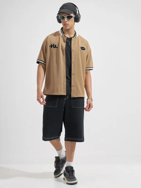 Highlander Men Tan Embroidered Relaxed Fit Casual Shirt