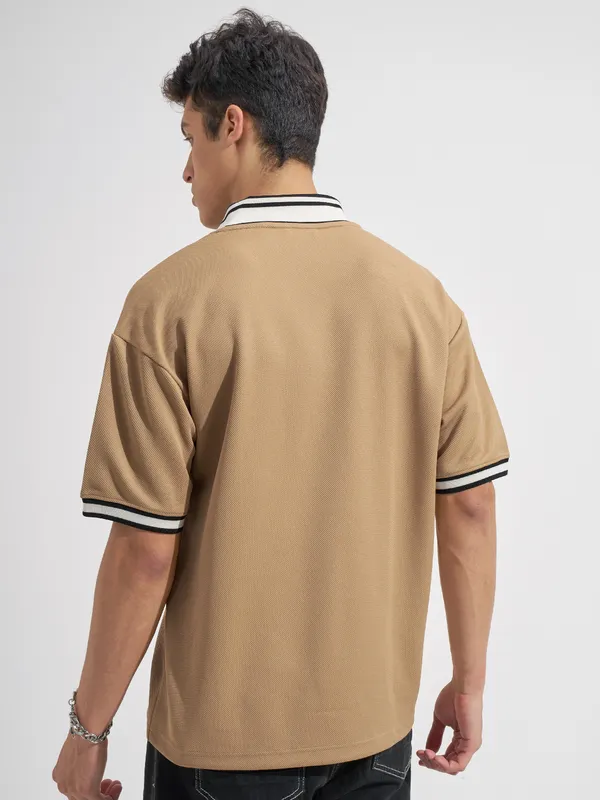 Highlander Men Tan Embroidered Relaxed Fit Casual Shirt