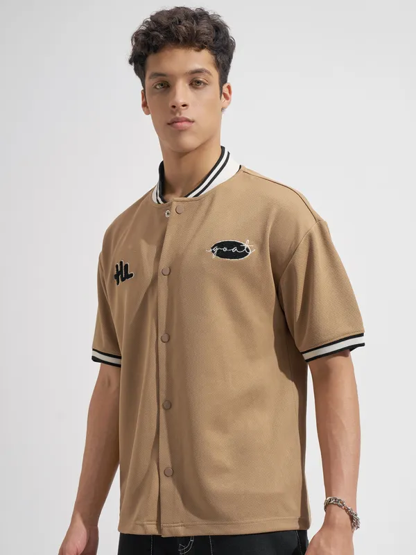 Highlander Men Tan Embroidered Relaxed Fit Casual Shirt