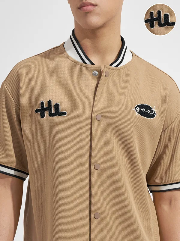 Highlander Men Tan Embroidered Relaxed Fit Casual Shirt