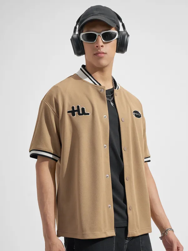 Highlander Men Tan Embroidered Relaxed Fit Casual Shirt