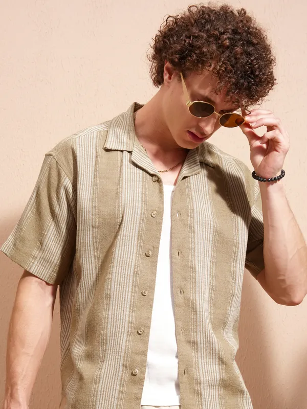 Highlander Men Khaki Striped Relaxed Fit Casual Shirt