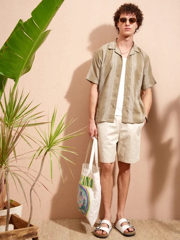 Highlander Men Khaki Striped Relaxed Fit Casual Shirt