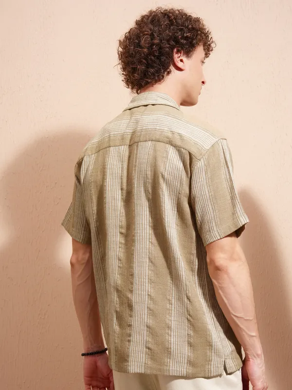 Highlander Men Khaki Striped Relaxed Fit Casual Shirt