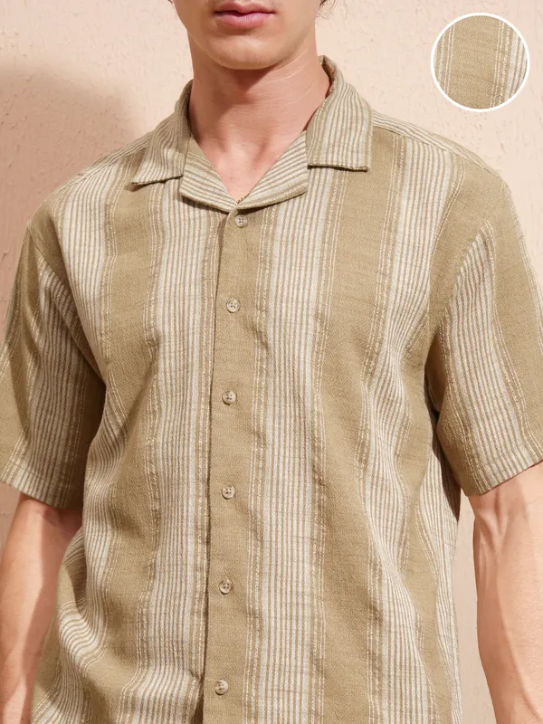 Highlander Men Khaki Striped Relaxed Fit Casual Shirt