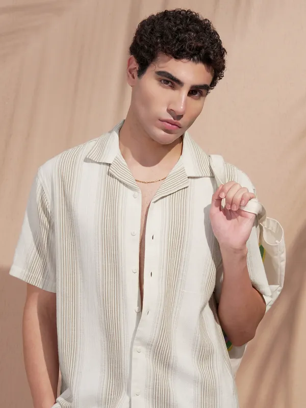 Highlander Men White Striped Relaxed Fit Casual Shirt