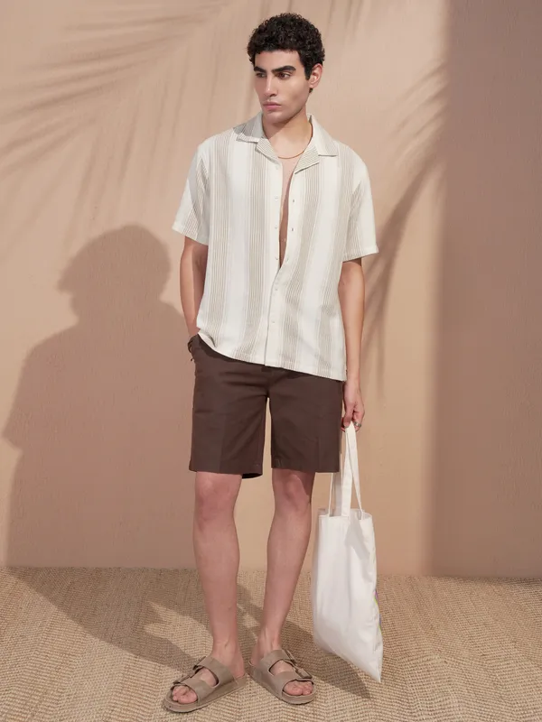 Highlander Men White Striped Relaxed Fit Casual Shirt