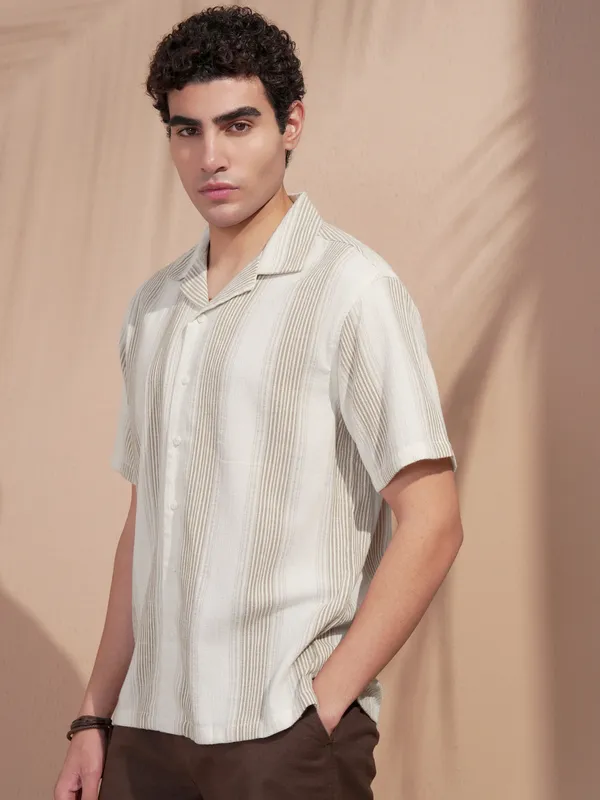 Highlander Men White Striped Relaxed Fit Casual Shirt