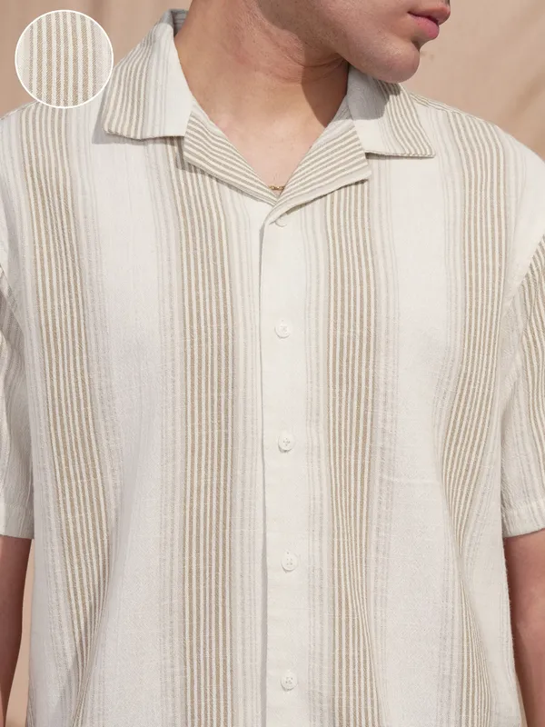 Highlander Men White Striped Relaxed Fit Casual Shirt