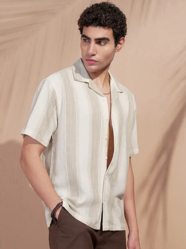 Highlander Men White Striped Relaxed Fit Casual Shirt