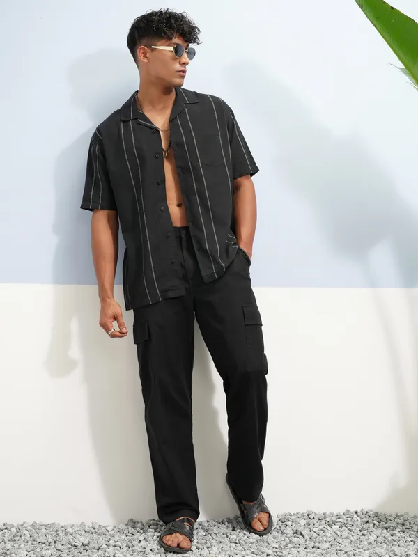 Highlander Men Black Striped Relaxed Fit Casual Shirt