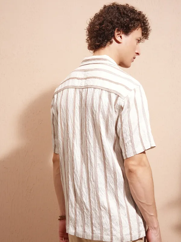 Highlander Men Cream Striped Relaxed Fit Casual Shirt