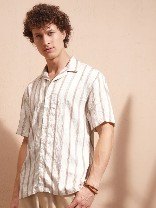 Highlander Men Cream Striped Relaxed Fit Casual Shirt