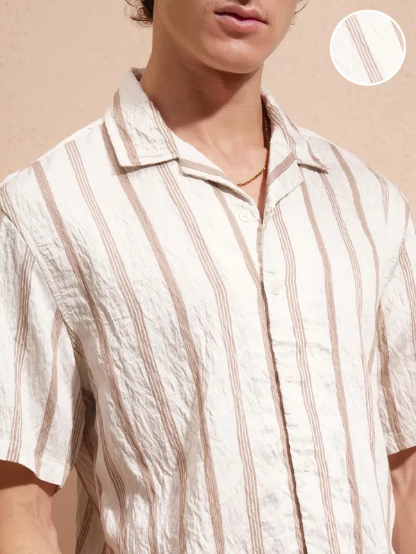 Highlander Men Cream Striped Relaxed Fit Casual Shirt