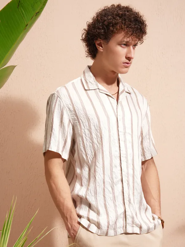 Highlander Men Cream Striped Relaxed Fit Casual Shirt