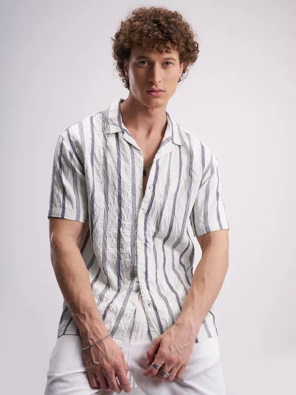 Highlander Men Cream Striped Relaxed Fit Casual Shirt