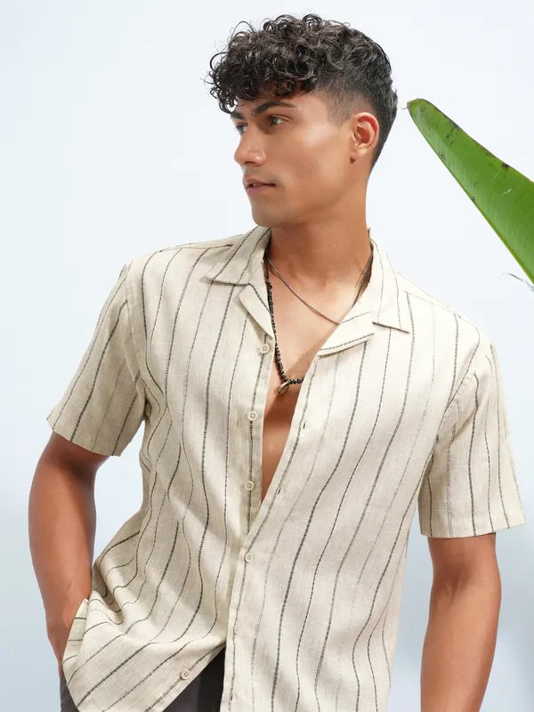 Highlander Men Beige Striped Relaxed Fit Casual Shirt