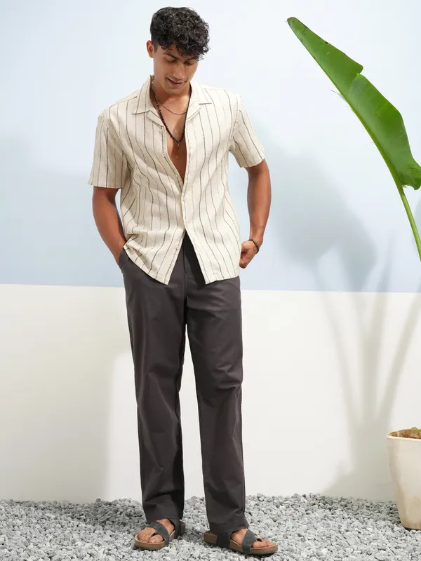 Highlander Men Beige Striped Relaxed Fit Casual Shirt