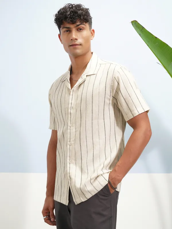 Highlander Men Beige Striped Relaxed Fit Casual Shirt