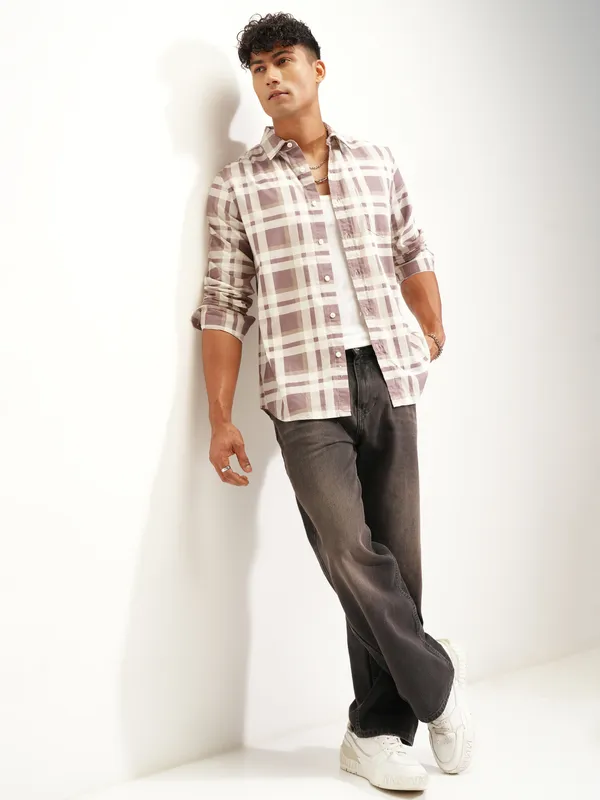 Highlander Men Brown Checked Slim Fit Casual Shirt