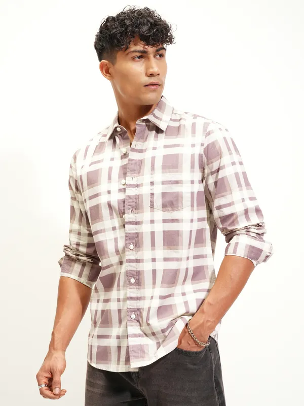 Highlander Men Brown Checked Slim Fit Casual Shirt