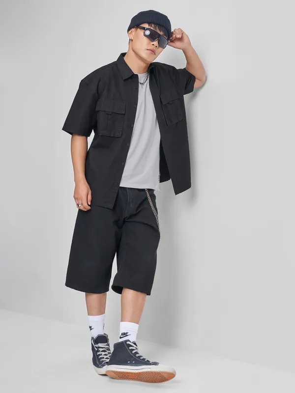 Highlander Men Black Self Design Oversized Fit Casual Shirt