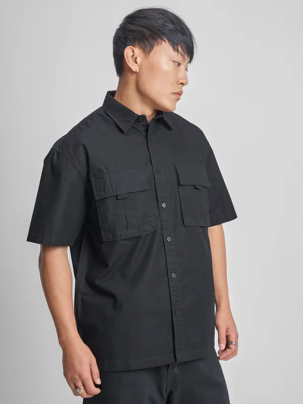 Highlander Men Black Self Design Oversized Fit Casual Shirt