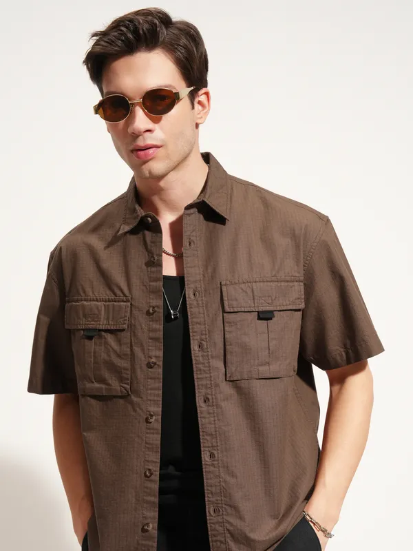 Highlander Men Brown Self Design Oversized Fit Casual Shirt