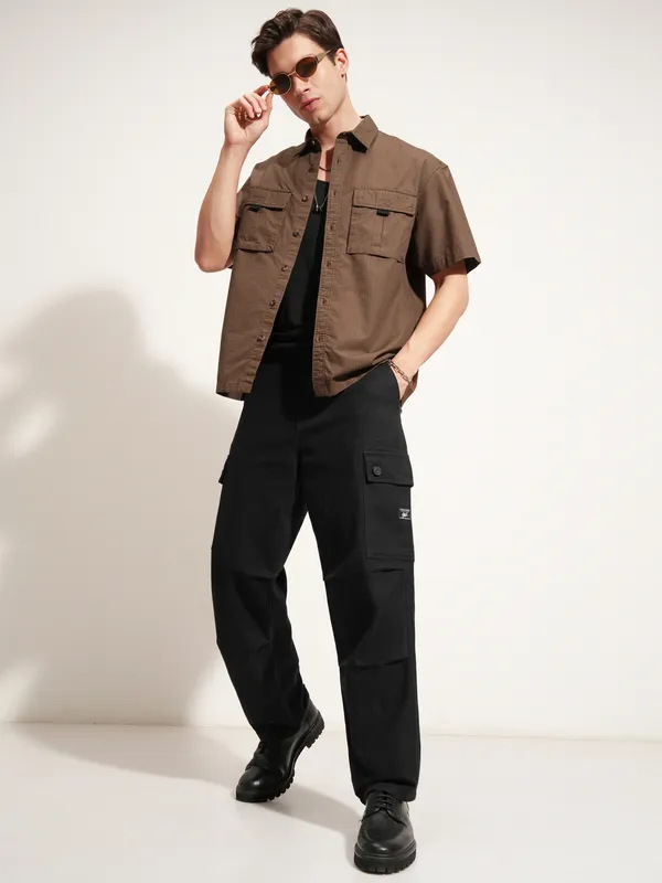 Highlander Men Brown Self Design Oversized Fit Casual Shirt