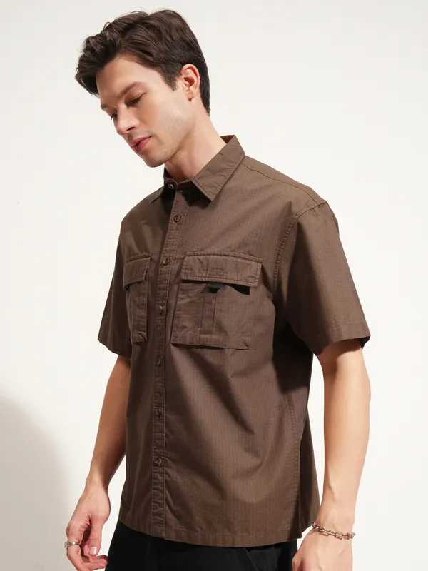 Highlander Men Brown Self Design Oversized Fit Casual Shirt