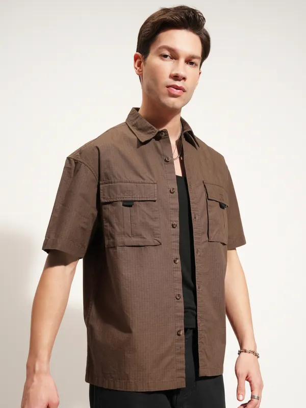 Highlander Men Brown Self Design Oversized Fit Casual Shirt