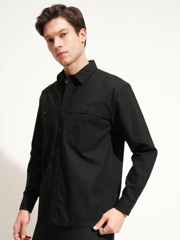 Highlander Men Black Self Design Oversized Fit Casual Shirt