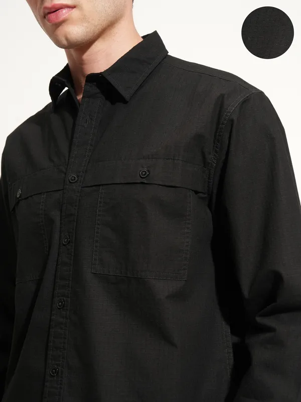 Highlander Men Black Self Design Oversized Fit Casual Shirt