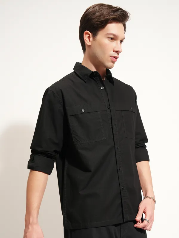 Highlander Men Black Self Design Oversized Fit Casual Shirt
