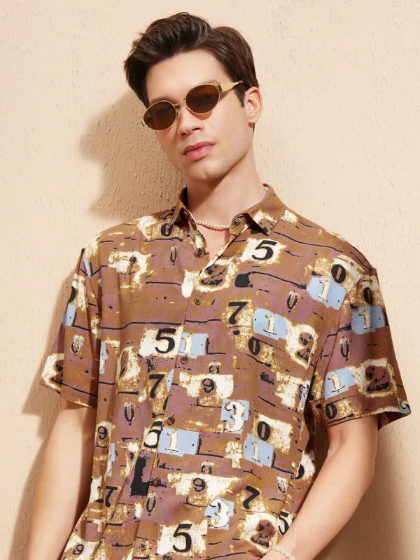 Highlander Men Rust Printed Relaxed Fit Casual Shirt