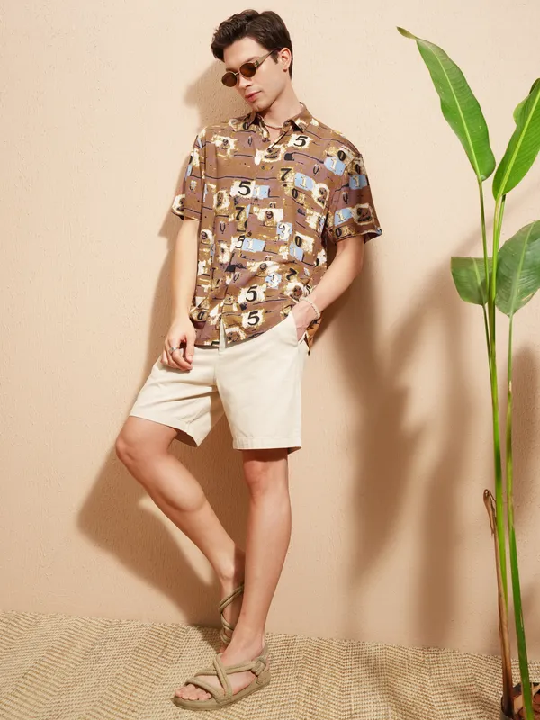 Highlander Men Rust Printed Relaxed Fit Casual Shirt