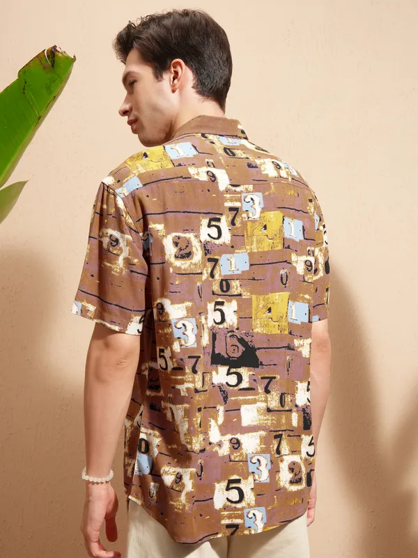 Highlander Men Rust Printed Relaxed Fit Casual Shirt