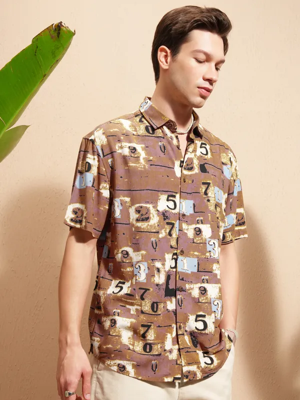 Highlander Men Rust Printed Relaxed Fit Casual Shirt