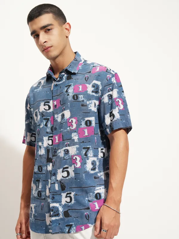 Highlander Men Blue Printed Relaxed Fit Casual Shirt