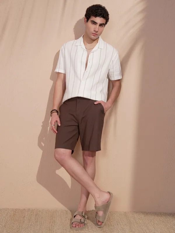 Highlander Men Cream Striped Relaxed Fit Casual Shirt