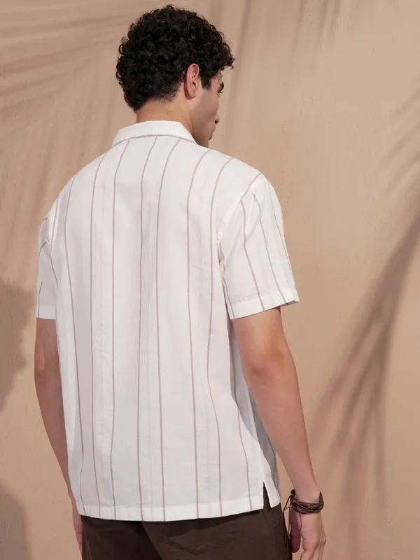 Highlander Men Cream Striped Relaxed Fit Casual Shirt