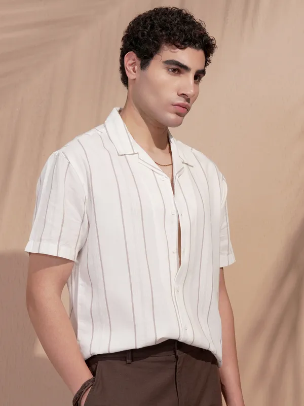 Highlander Men Cream Striped Relaxed Fit Casual Shirt