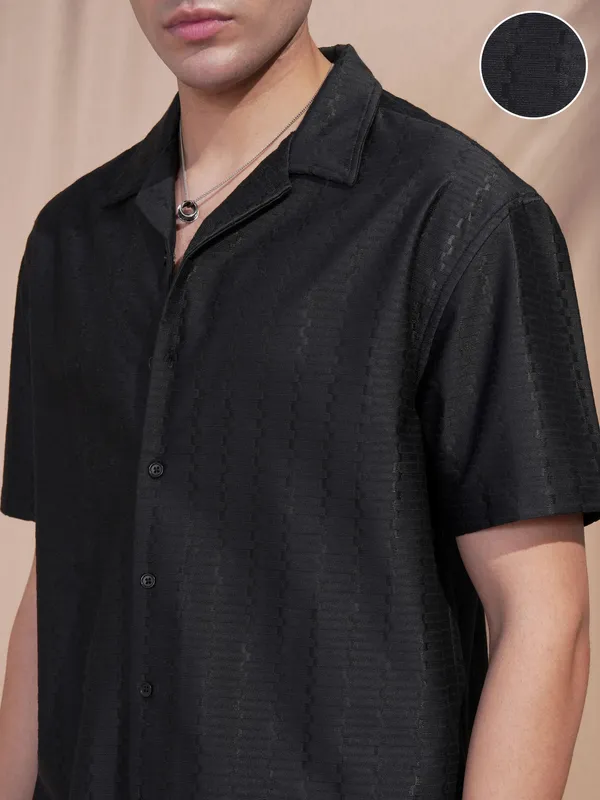 Highlander Men Black Self Design Relaxed Fit Casual Shirt